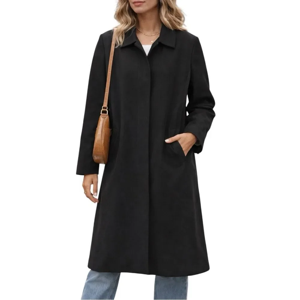 Gallery Vintage Long Black Fleece Lined Y2K Trench Overcoat